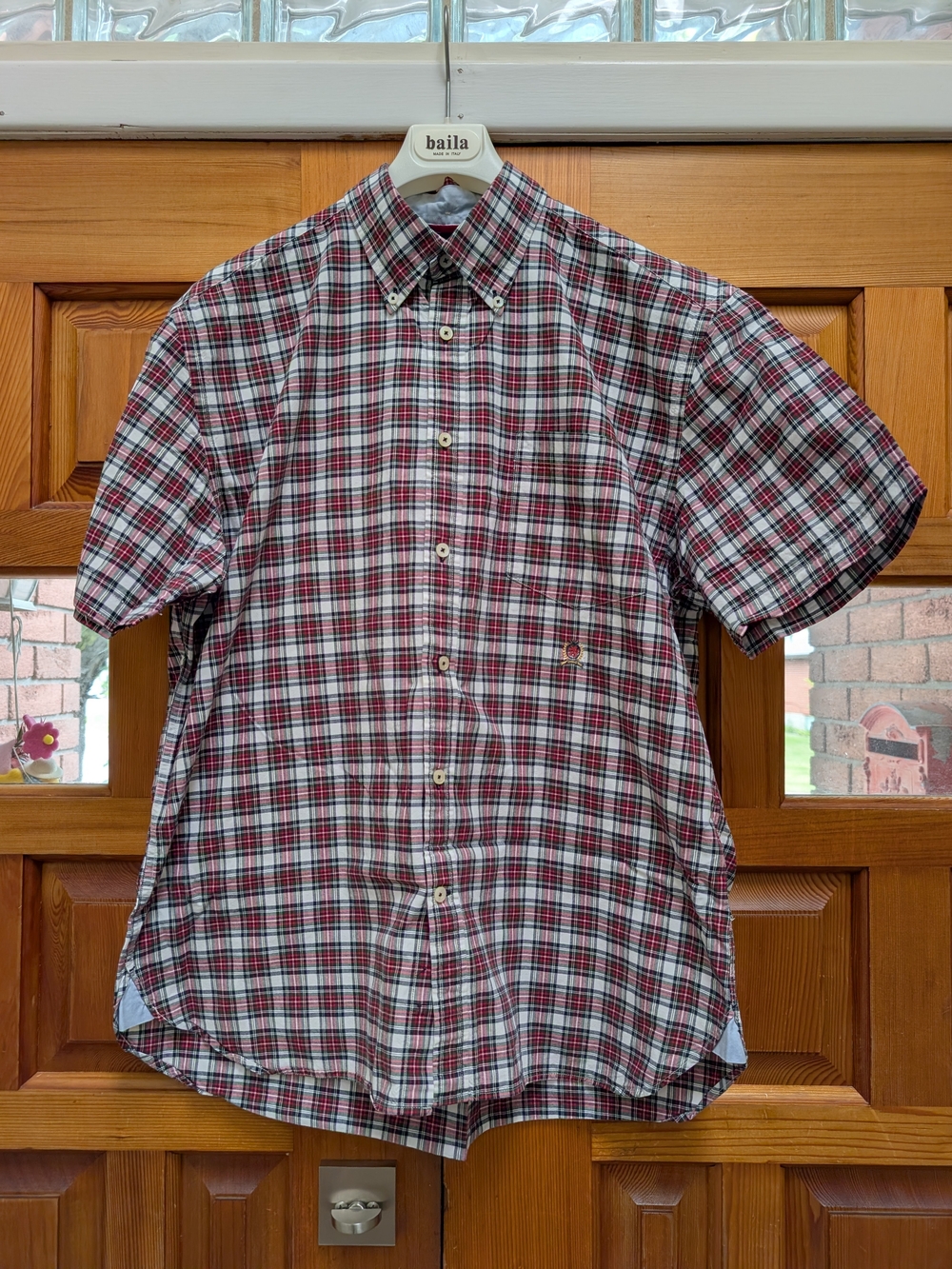 Tommy Hilfiger Red White Black Plaid Short-Sleeve Button-Down Shirt